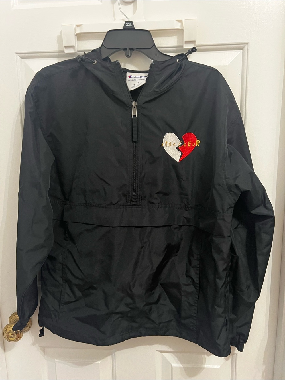 Champion Black Hooded Rain Jacket with Red & White Heart Patch
